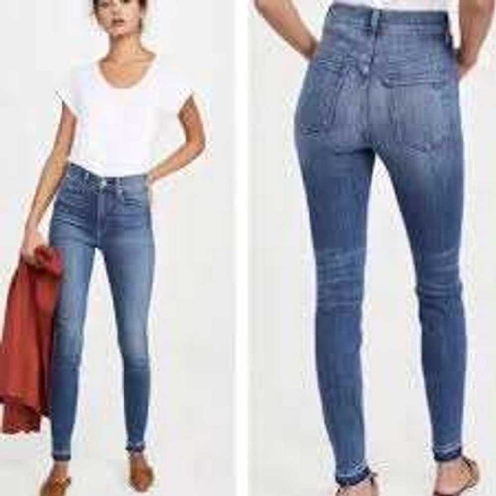 AYR The Skinny High Rise Jeans Medium Wash Raw Hem W25 L28 Blue Denim